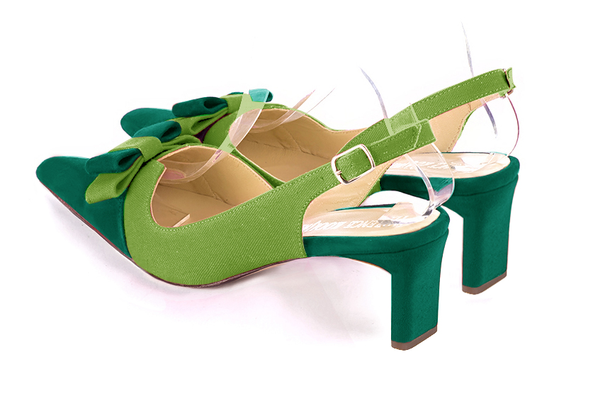 Emerald green women's open back shoes, with a knot. Tapered toe. Medium comma heels. Rear view - Florence KOOIJMAN